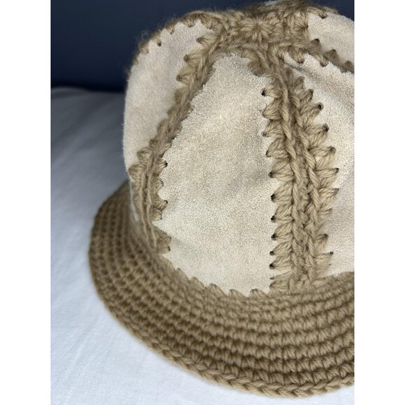 J Crew Hat Bucket Wool Suede OS Womens Crochet Leather Casual Unique Patchwork - Picture 6 of 7
